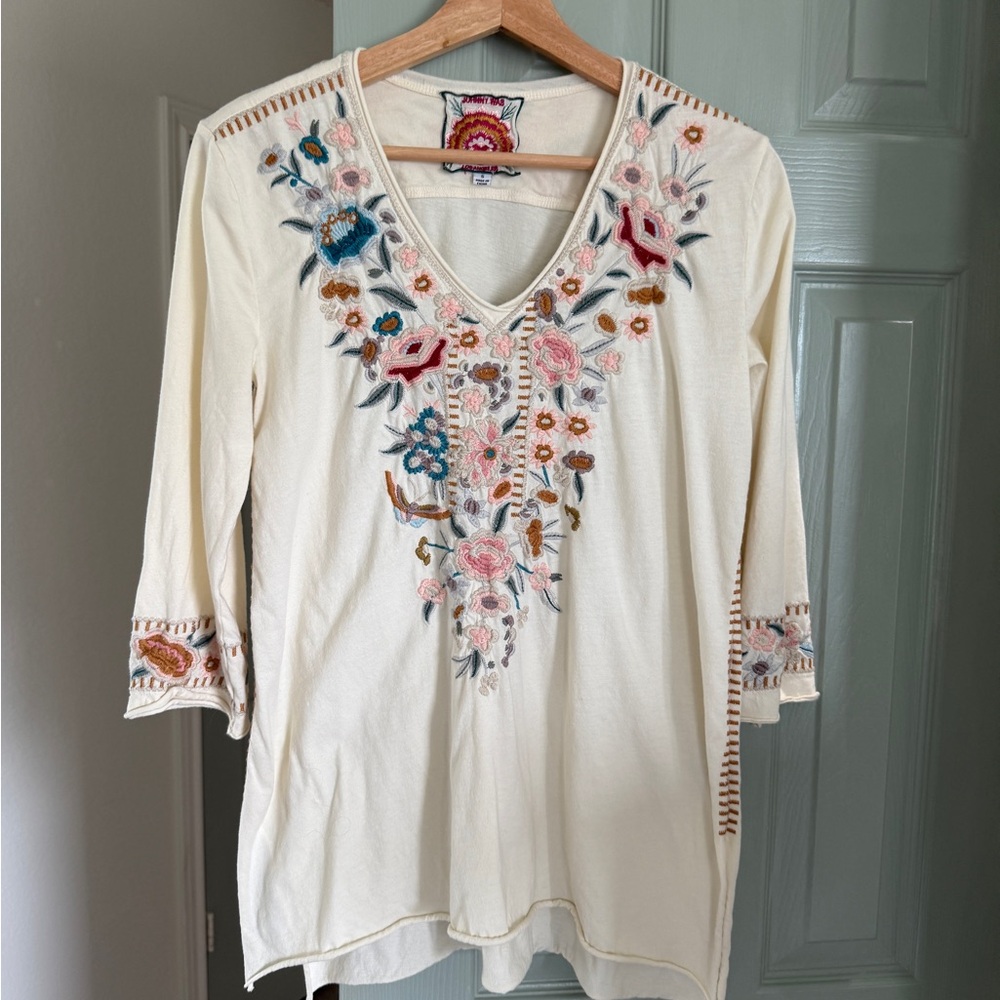 Johnny Was Cream Embroidered V-Neck Tunic with Multicolor Floral Accents